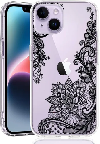 Vista 33 de Compatible con iPhone 14, funda protectora de encaje negro transparente con flores florales a prueba de golpes, parte trasera dura, delgada, bonita