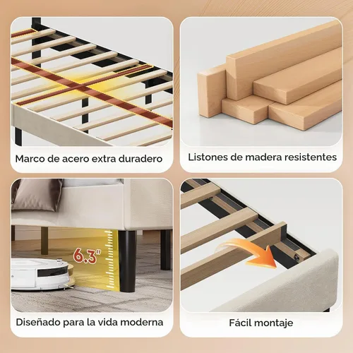 Vista 6 de WLIVE Base de cama tapizada, marcos de cama individual con cabecero, cama de plataforma con listones de madera, base de colchón de 600 libras,