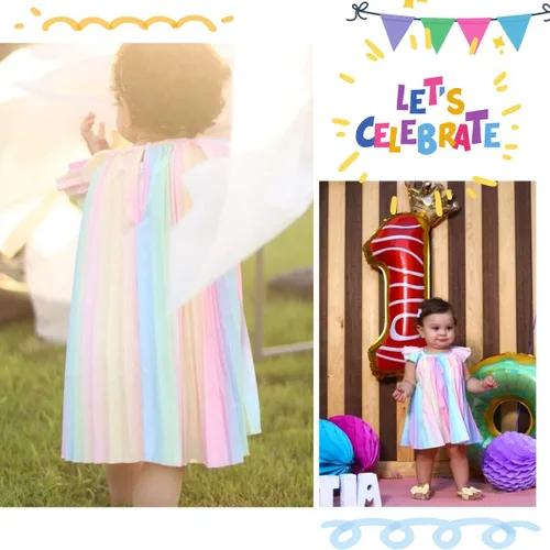 Vista 2 de MILKI RABBIT Vestido plisado con mangas volteadas y colores colores pastel arcoíris