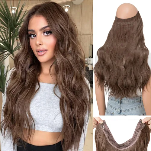 Vista 11 de Extensiones de cabello de alambre transparente invisible con 3 clips seguros, diadema ajustable, tamaño ondulado, rizado, largo, sintético