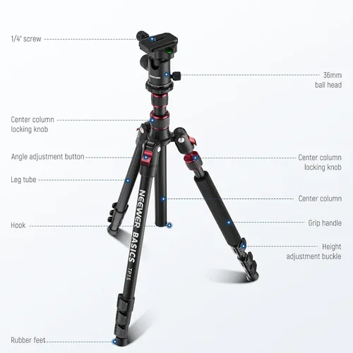 Vista 8 de NEEWER Basics - Trípode para cámara, 71 pulgadas, de aluminio, resistente, portátil, para viajes, DSLR, soporte para teléfono celular con cabeza