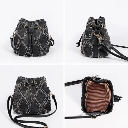 Vista 4 de Bolsas de cubo para mujer, mini bolso cruzado de mezclilla, con flecos, bolso de hombro con cordón