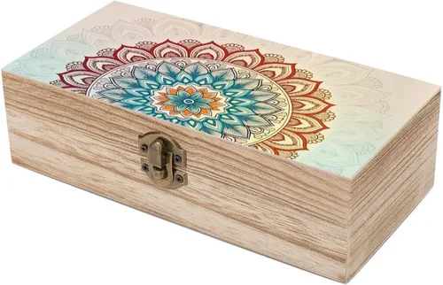 Vista 6 de Mandala Floral Wooden Storage Box with Hinged Lock,Decorative Handmade Keepsake Jewelry Chest, Elegant Retro Decor Boxes, Compact Organizer Box for