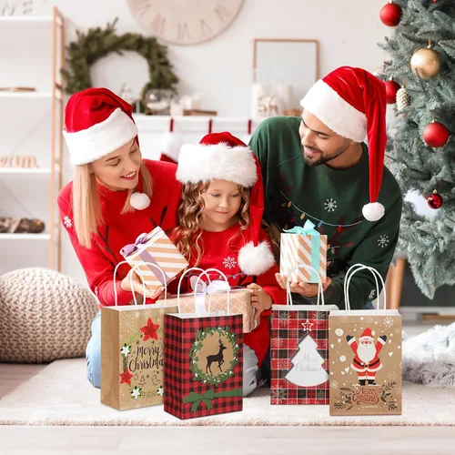 Vista 4 de Resholder 48 Piezas Bolsas de Papel Kraft de Regalo de Navidad a Granel con Asas Bolsas de Dulces Navideñas Reutilizables para Regalos Suministros