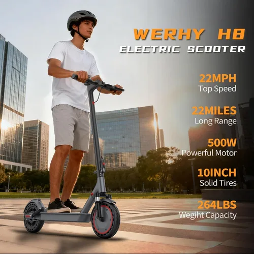 Vista 2 de WERHY 10 Inches Electric Scooter, 22 MPH Top Speed & 500W Powerful Motor, 22-28Miles Long Range, Folding E Scooter with Dual Braking for Adults