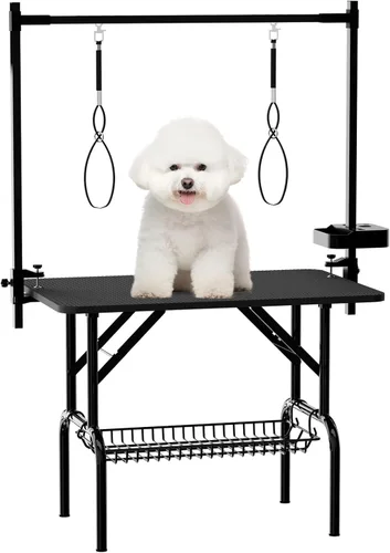 Vista 13 de Mesa profesional de aseo para perros y mascotas, ajustable, resistente, portátil, con brazo y lazo y bandeja de malla (gris, 36 pulgadas)