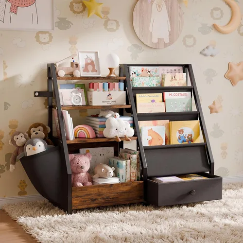 Vista 7 de HAVLOTII Estantería para niños y almacenamiento de juguetes, estante para libros para habitaciones de niños, estantería para bebés para guardería