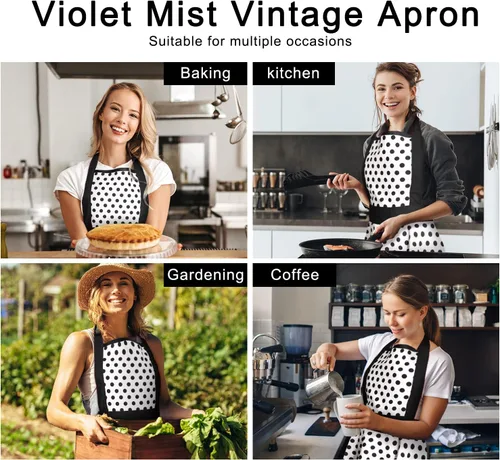 Vista 4 de Violet Mist - Lindos delantales vintage para mujeres con lunares negros, delantales retro para niñas, delantal de criada francesa, delantal sexy