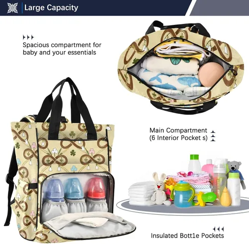 Vista 5 de Diaper Bag Backpack, Cream and Green Floral Shamrock Pattern, 15L Capacity Nylon Tote with Multiple Pockets, Stroller Clips, 11.02x5.91x15.3 Inches