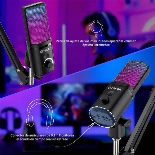 Vista 3 de FDUCE Micrófono USB para juegos RGB, micrófono condensador con silencio, ganancia, monitoreo, brazo de boom para transmisión, podcast, Twitch