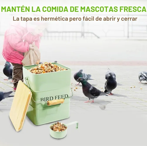 Vista 6 de Contenedor de almacenamiento de semillas de pájaro de metal, recipiente para pájaros al aire libre, contenedor de comida para mascotas con tapa