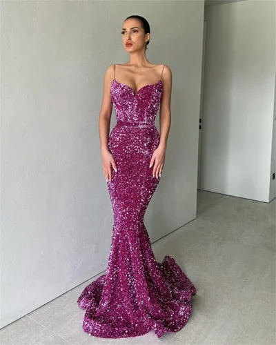 Vista 4 de Vestidos de fiesta de lentejuelas brillantes, vestidos largos de fiesta con tirantes delgados, vestidos formales de sirena para mujer 2024
