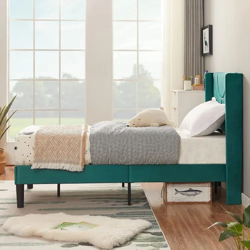 Vista 5 de VECELO Base de cama tapizada de tamaño individual con cabecera de tela, soporte de listones de madera, no necesita somier, base de colchón, fácil