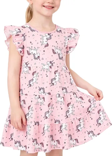 Vista 28 de Vestido casual para niñas, de algodón suave, manga corta, transpirable, acampanado, para adolescentes, talla 2T, 3T, 4T, 5, 6, 7, 8, 9, 10, 12, 13