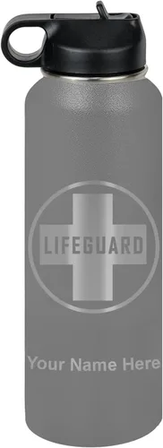 Vista 32 de LaserGram Botella de agua personalizada, salvavidas, acero inoxidable de doble pared aislada al vacío con popote superior, regalo grabado Negro