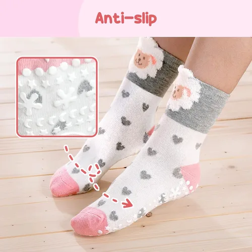 Vista 3 de Hellomamma Calcetines de algodón antideslizantes para niños pequeños, calcetines de tripulación de animales lindos con agarres, calcetines