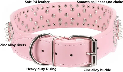 Vista 3 de Collar ajustable de piel sintética con tachuelas y clavos para perro, de 5 cm de ancho, 43 clavos (Talla L (cuello 53 cm-61 cm), Rosa)