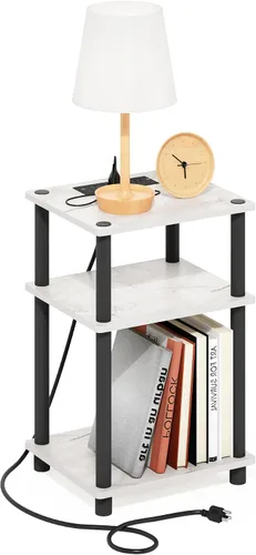 Vista 20 de Furinno Claude Mesa Auxiliar, Mesa Lateral de Mediados de Siglo con Estación de Carga, Mesita de Noche con Patas de Madera, Mesa de Cabecera