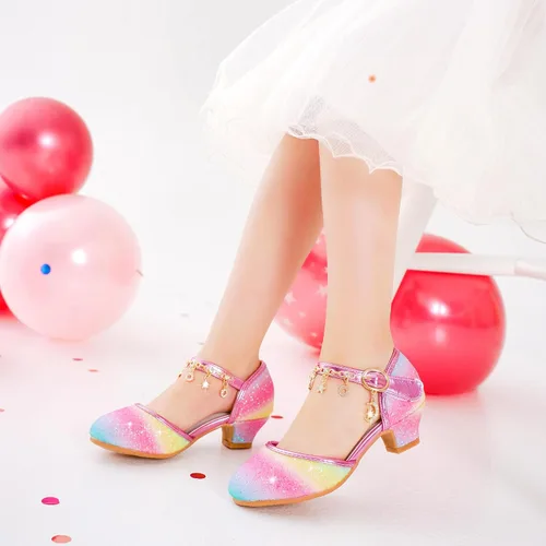 Vista 2 de Furdeour Sandalias para niñas con lazo brillante, zapatos de vestir de princesa con tacones altos de cristal, para fiestas, bodas, flores, zapatos