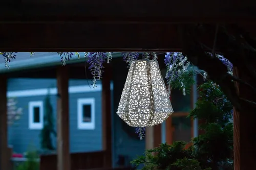 Vista 6 de Allsop Soji Stella - Linterna solar prisma, luz LED de 11 pulgadas para exteriores, hecha a mano con tela resistente a la intemperie, accesorios