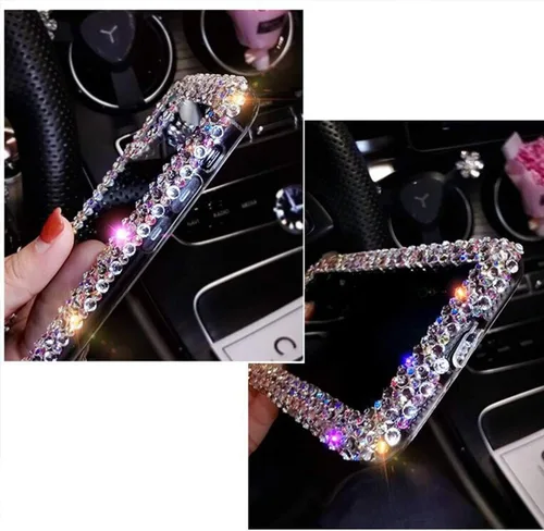Vista 6 de Funda compatible con iPhone 15 para mujeres y niñas, funda 3D con purpurina brillante y destellos, funda de lujo con encantos de cristal