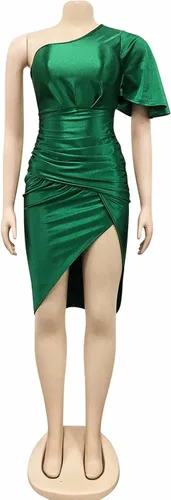Vista 3 de Aro Lora - Vestido sexy para mujer corto, de satén, asimétrico, fruncido, ajustado (bodycon), de un solo hombro para fiesta de noche