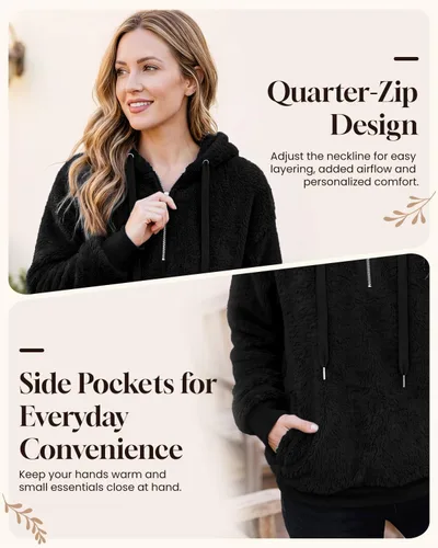 Vista 3 de Century Star Sudadera con capucha para mujer, de gran tamaño, mullida, deportiva, acogedora, con bolsillos, de vellón atlético Negro