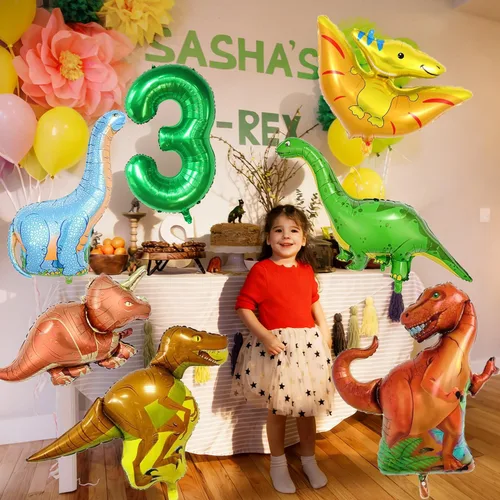Vista 2 de Juego de 7 globos de dinosaurio, globos de número 3 de 40 pulgadas, 6 globos de dinosaurio, suministros de fiesta temática de dinosaurios