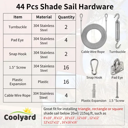Vista 2 de COOLYARD Kit de accesorios para vela con cable de cable, cable de avión recubierto de vinilo de 48 pies (12 pies x 4), kit de colgar de 6 pulgadas
