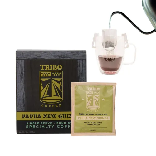 Vista 23 de TRIBO Café de una sola porción portátil para verter y goteo - Mezcla para Expedición - 10 porciones (Tostado Medio)