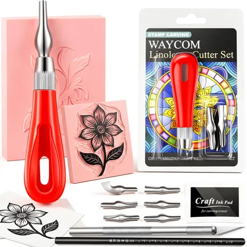 Vista 9 de WAYCOM Paquete de 10 bloques de linóleo para impresión con herramientas de corte, kit de fabricación de sellos de goma, bloques de tallado de sellos