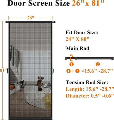 Vista 2 de MAGZO - Puerta mosquitera colgante para puertas 24" x 80" (tamaño de cortina 26" x 81"), de fibra de vidrio mejorada con barra de tensión, gancho