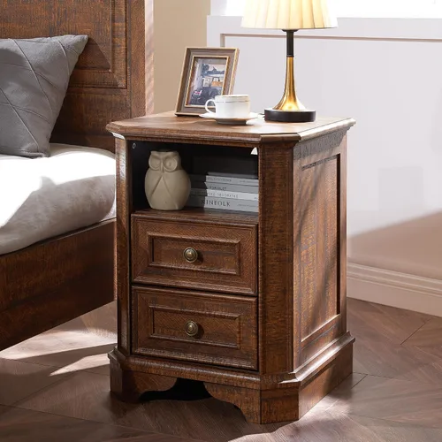 Vista 10 de T4TREAM - Mesa de noche rústica con estación de carga, mesa auxiliar de madera de 18 pulgadas con 2 cajones, para dormitorio y sala de estar