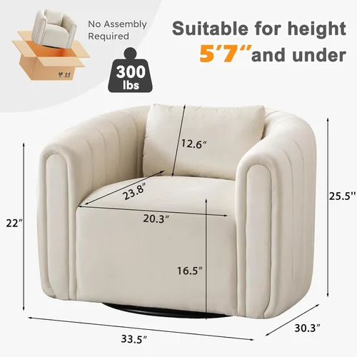 Vista 2 de ANJ Silla giratoria decorativa, silla de barril de terciopelo para sala de estar, cómodo sillón moderno, completamente montado (beige)