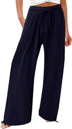 Vista 22 de SHAOBGE Pantalones palazzo de verano para mujer, cintura alta, pierna ancha, casual, cintura elástica, pantalones de playa con bolsillos