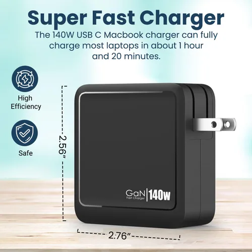 Vista 3 de Cargador USB C GaN UPTab de 140 W, adaptador de corriente dual USB-C + USB-A Fast PD 3.1 para MacBook Pro/Air, iPhone 17/Pro/Max, iPad, XPS