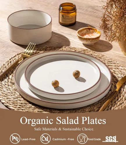 Vista 3 de LERATIO Platos de Cerámica, Juego de 6 Platos Planos de Ensalada de 8.0 Pulgadas, Platos Modernos de Borde Alto para Cocina, Aptos para Microondas