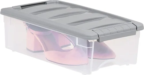 Vista 4 de Amazon Basics Contenedores de almacenamiento de plástico con tapas de cierre seguro, cubos organizadores apilables, transparente/gris, 5 cuartos
