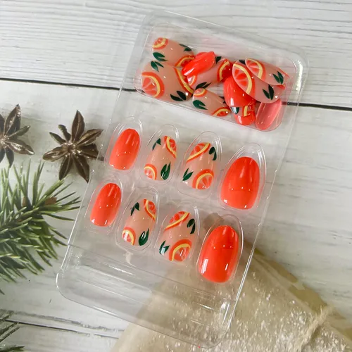 Vista 6 de Uñas postizas cortas ovaladas de verano, uñas postizas acrílicas artificiales con diseño de frutas, cobertura completa, reutilizables