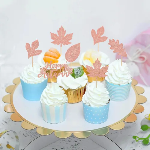 Vista 3 de Ercadio Paquete de 30 adornos para cupcakes de hojas de arce de otoño con purpurina de oro rosa y hojas de arce para decoración de otoño, cosecha