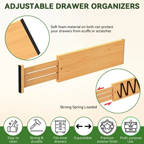Vista 4 de FJO 6 Pack Bamboo Drawer Dividers 4.65" High Adjustable from 17'' to 22'' Strong Spring Loaded, Expandable Utensil Organizer, Works in Kitchen