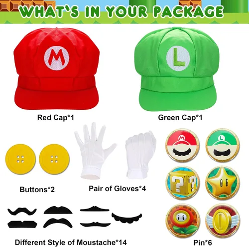 Vista 3 de Lomealy Super Bros Gorras Gorras Bigotes Tirantes Elásticos Guantes Botones Cosplay Disfraz