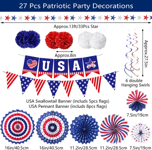 Vista 3 de Decoraciones de fiesta patriótica del 4 de julio, 6 abanicos de papel, 6 bolas de flores, 1 bandera de cola de golondrina de Estados Unidos, 1
