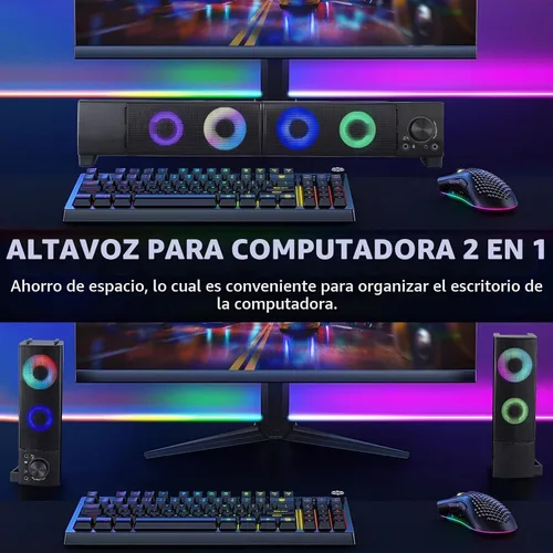 Vista 2 de Altavoces de computadora con cable diseñados para dispositivos de escritorio, sonido claro USB Plug and Play con iluminación RGB Características