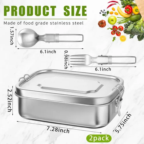 Vista 2 de Umigy Lonchera Bento de acero inoxidable, 2 unidades, con cuchara plegable, tenedor, 3 compartimentos, contenedor de alimentos de acero inoxidable