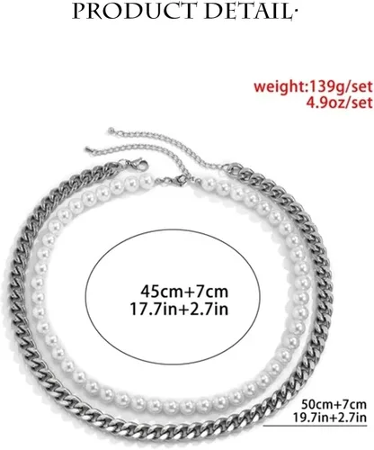 Vista 7 de Collar de perlas para hombre, collar de perlas en capas para niñas, collar redondo de perlas blancas en capas, collar de perlas para mujeres
