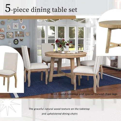 Vista 6 de Harper & Bright Designs Juego de mesa de comedor redonda extensible de 5 piezas y sillas tapizadas con estante para comedor familiar