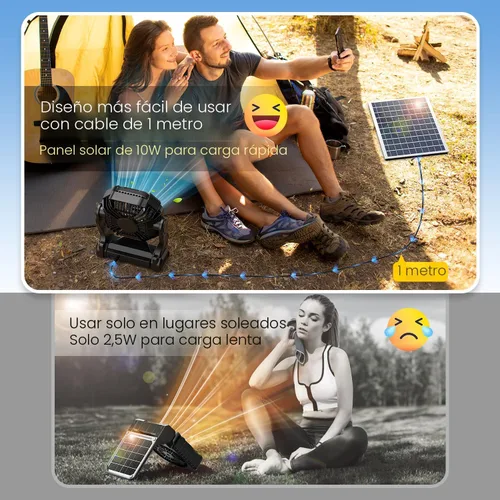 Vista 5 de Ventilador Solar de 20000mAh con Farol LED, Panel Solar Recargable de 10W, Ventilador de Camping Alimentado por Batería para Exteriores, de 9