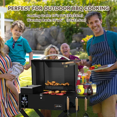 Vista 8 de ONLYFIRE GRILLS Parrilla Ahumadora de Pellets de Madera para BBQ con Carrito Plegable, Sonda de Carne, Área de Cocción de 2 Niveles, Estufa de Negro