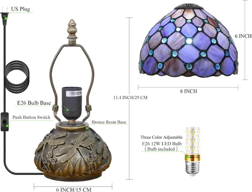 Vista 3 de Pequeña Lámpara Tiffany Mini Lámpara de Mesa de Vidrio Manchado Estilo Perla Púrpura Seta Lámpara de Acento 8X11 Pulgadas